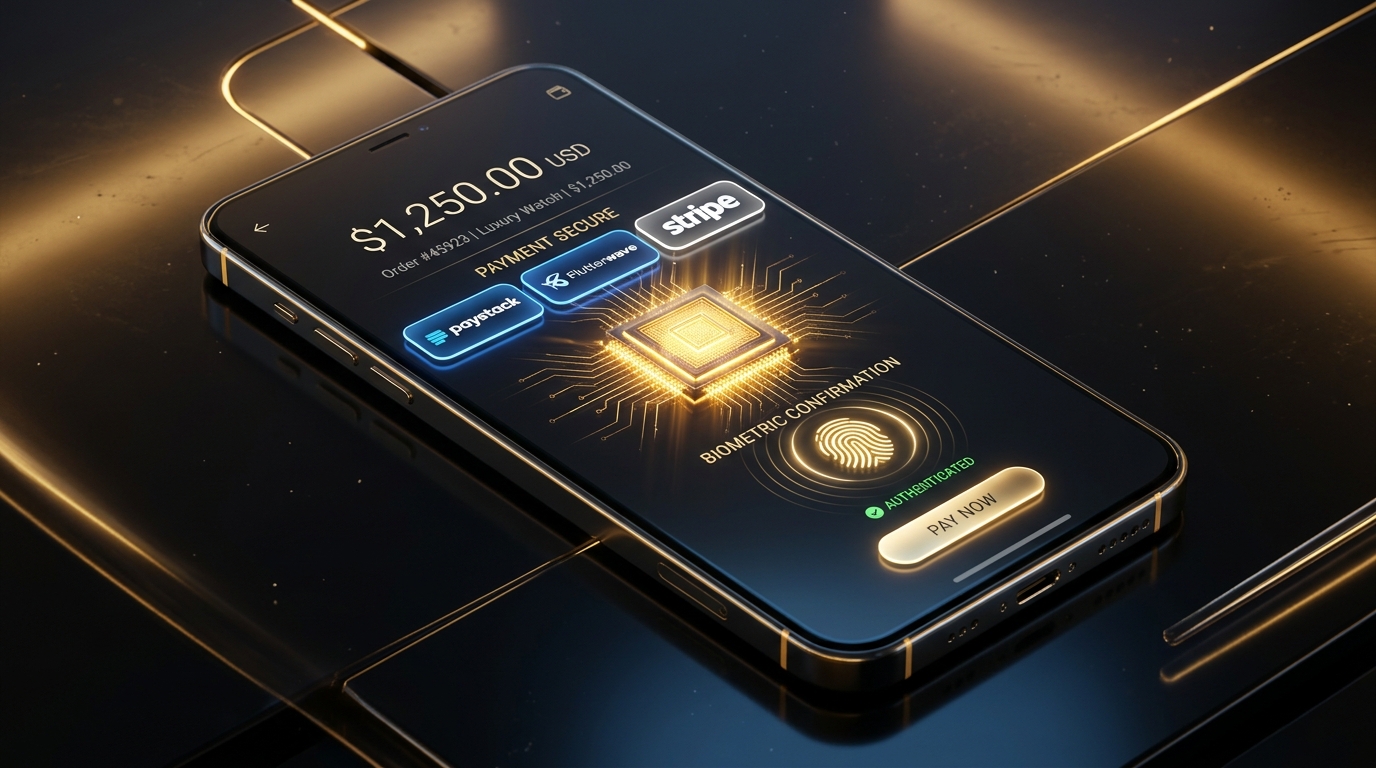 Payment gateway integration interface featuring Paystack, Flutterwave, and Stripe with biometric encryption