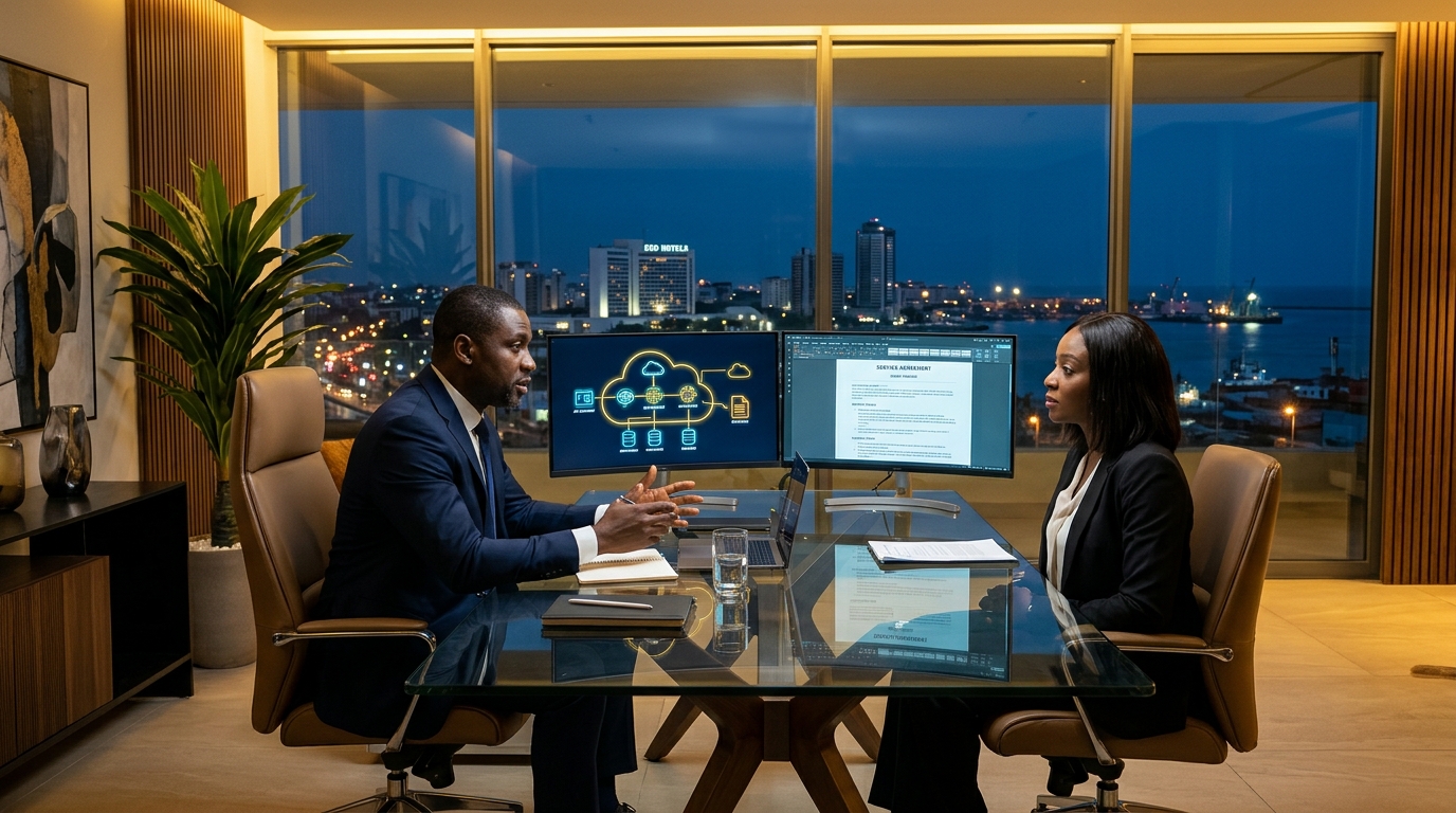Executive client consultation with lead web designer in Lagos discussing project roadmap and technical contract